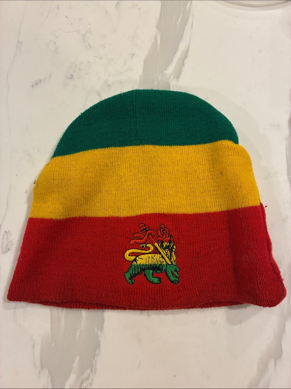 Kids Green Yellow Red Striped Beanie Hat